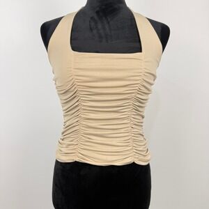 Vintage Y2K Body Central Halter Crop Top Womens Size S Tan Ruched‎ Boho Festival